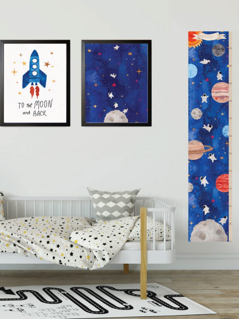 סט מד גובה מדבקה לילדים בדרך לחלל ותמונות לחדרי ילדים בדרך לחלל